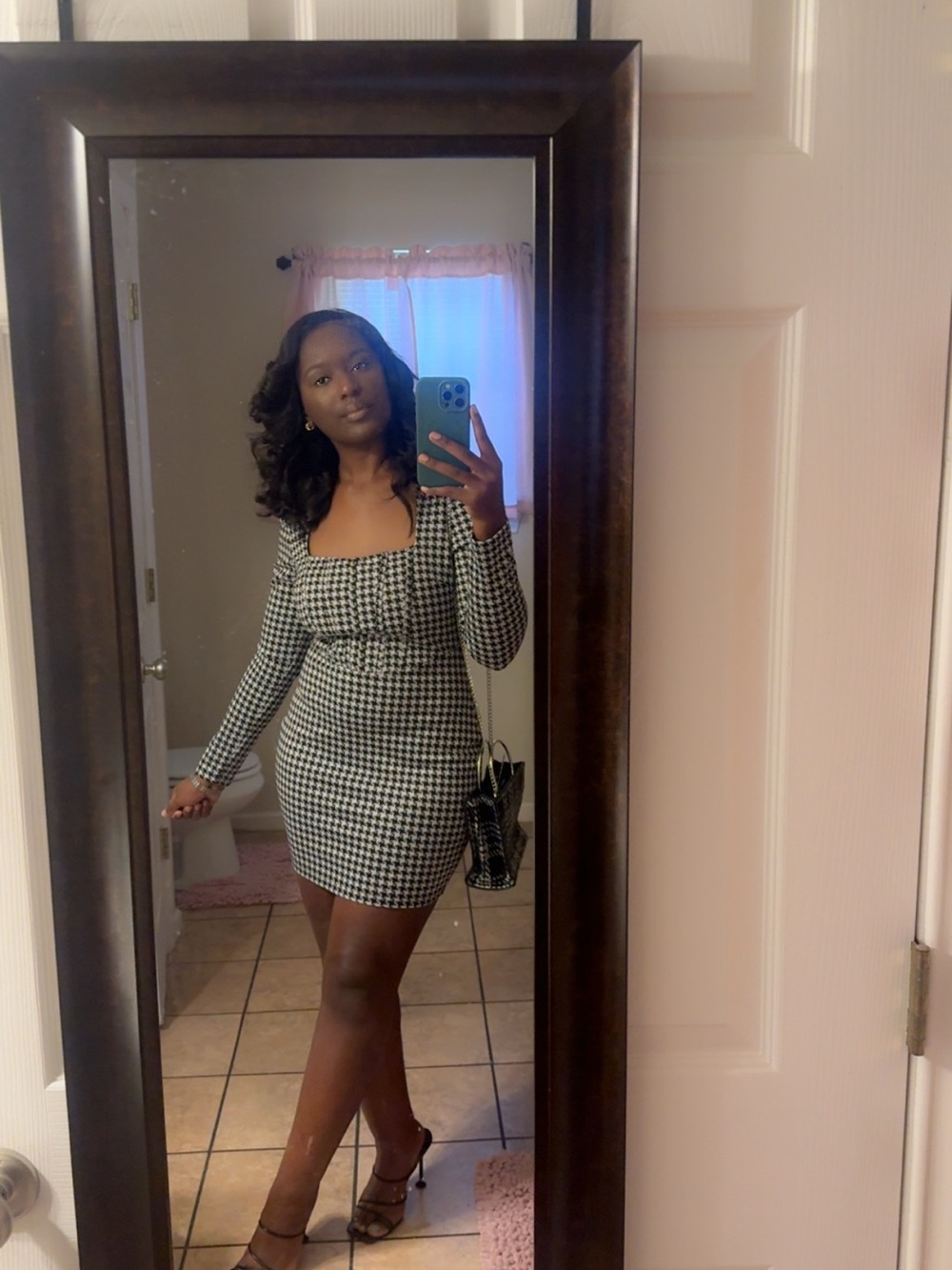 Fashion Nova Black and White Houndstooth Long-Sleeve Mini Dress